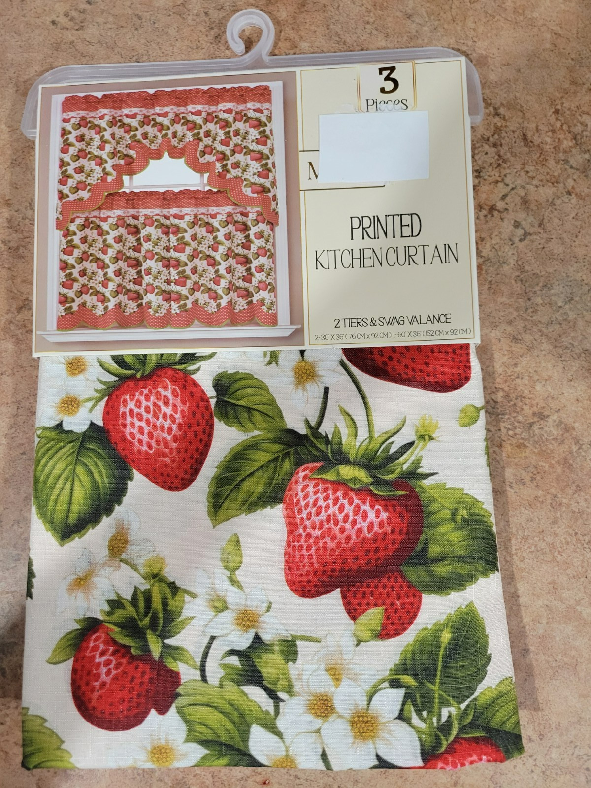 3pc.Printed Curtains Set :2 Tiers & Swag Valance Marin Strawberry Red/Green NEW