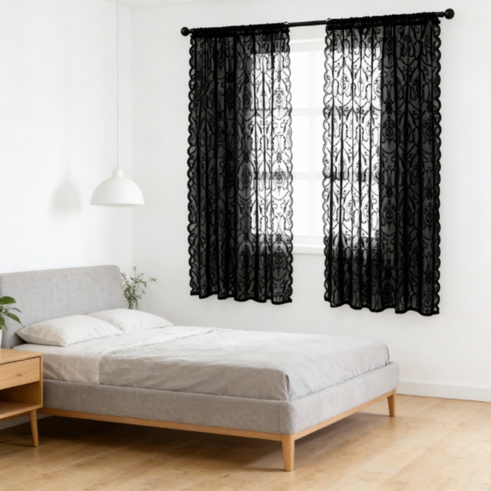 Black Sheer Lace Window Curtains Polyester Fabric European Vintage Style