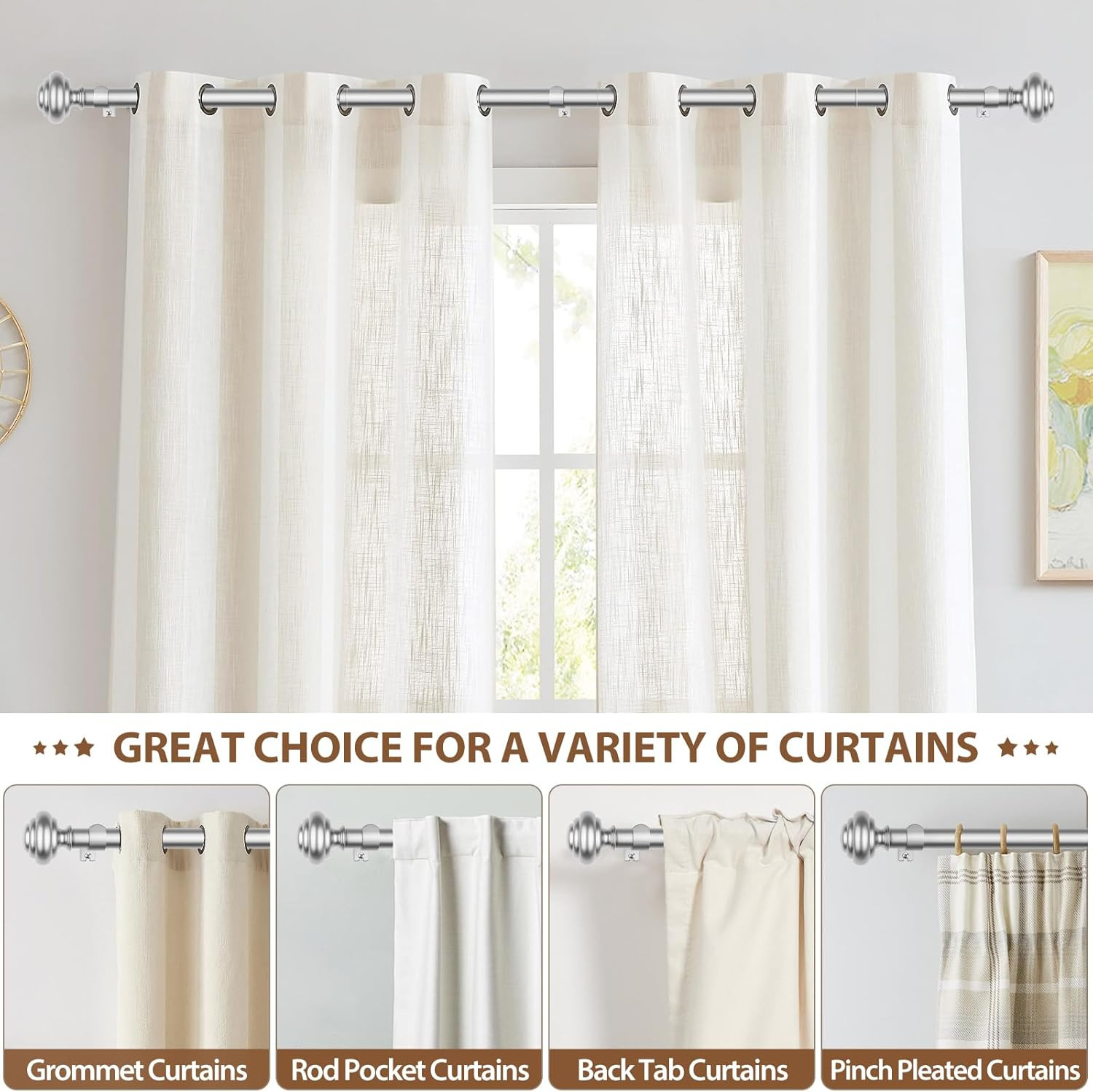 Silver Curtain Rods for Windows 72 to 144 Inches (6-12Ft) Long Heavy Duty Curtai