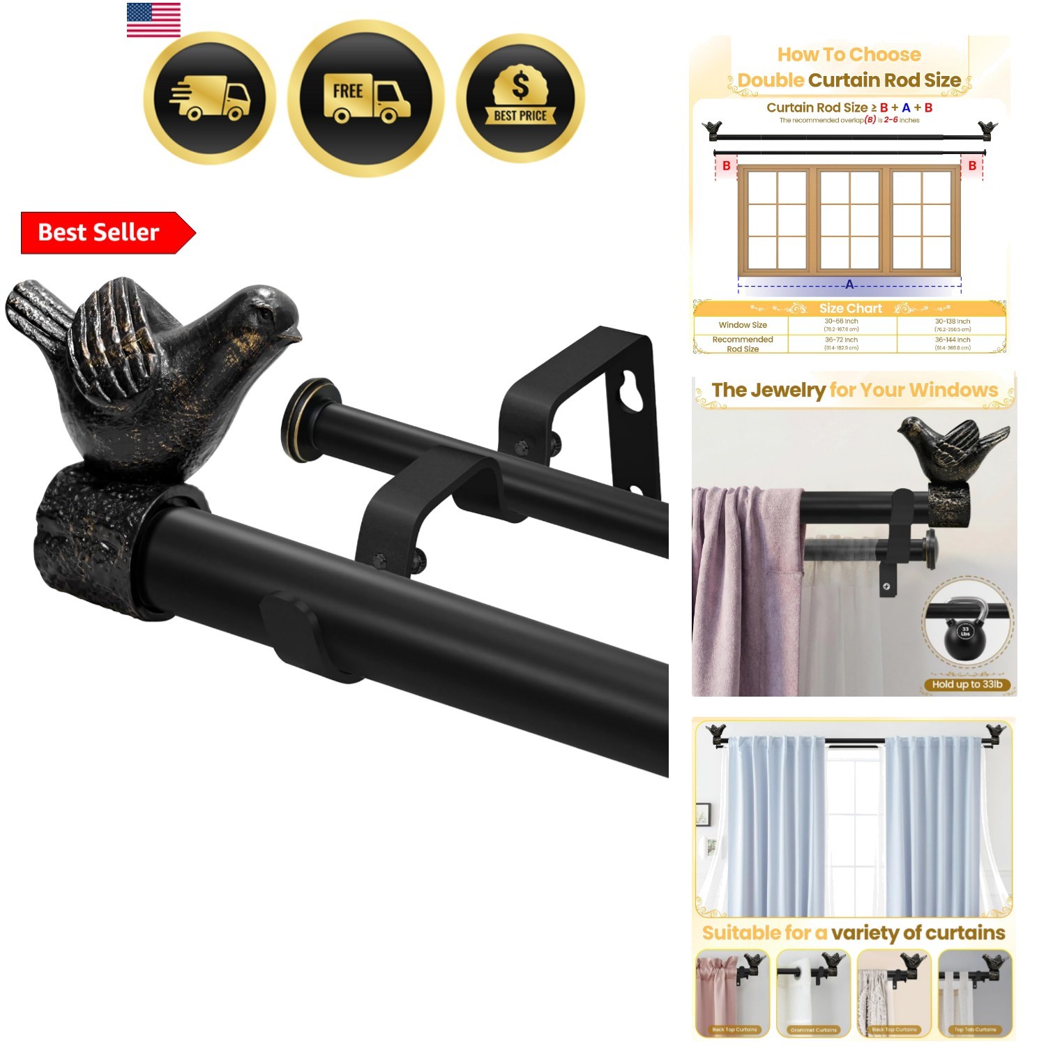 Double Curtain Rod with Bird Finial, Decorative Window Treatment Hardware Bla…