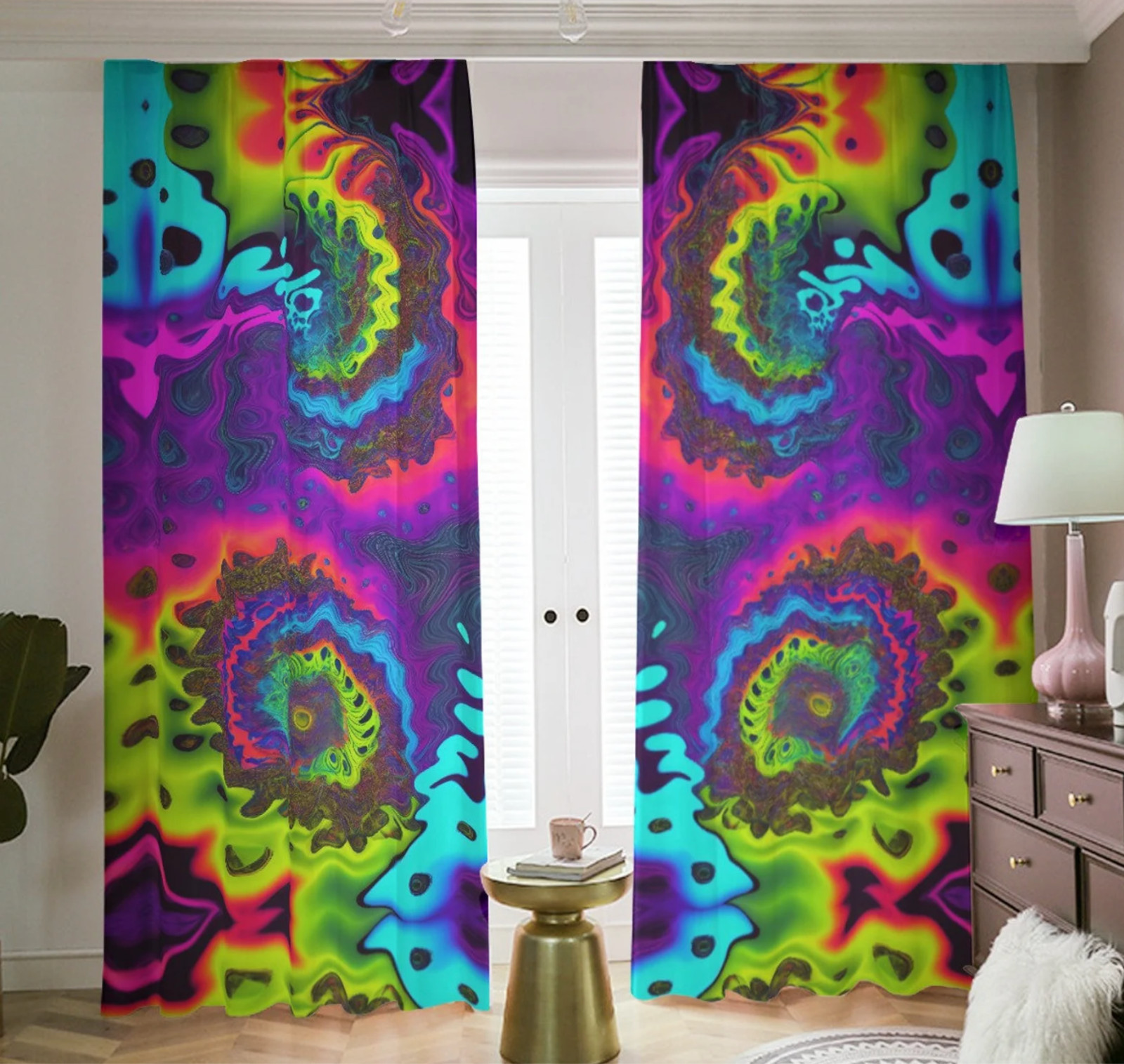 Psychedelic Tie Dye Blackout Curtains Darkening Drapes Rainbow Shades Fractal