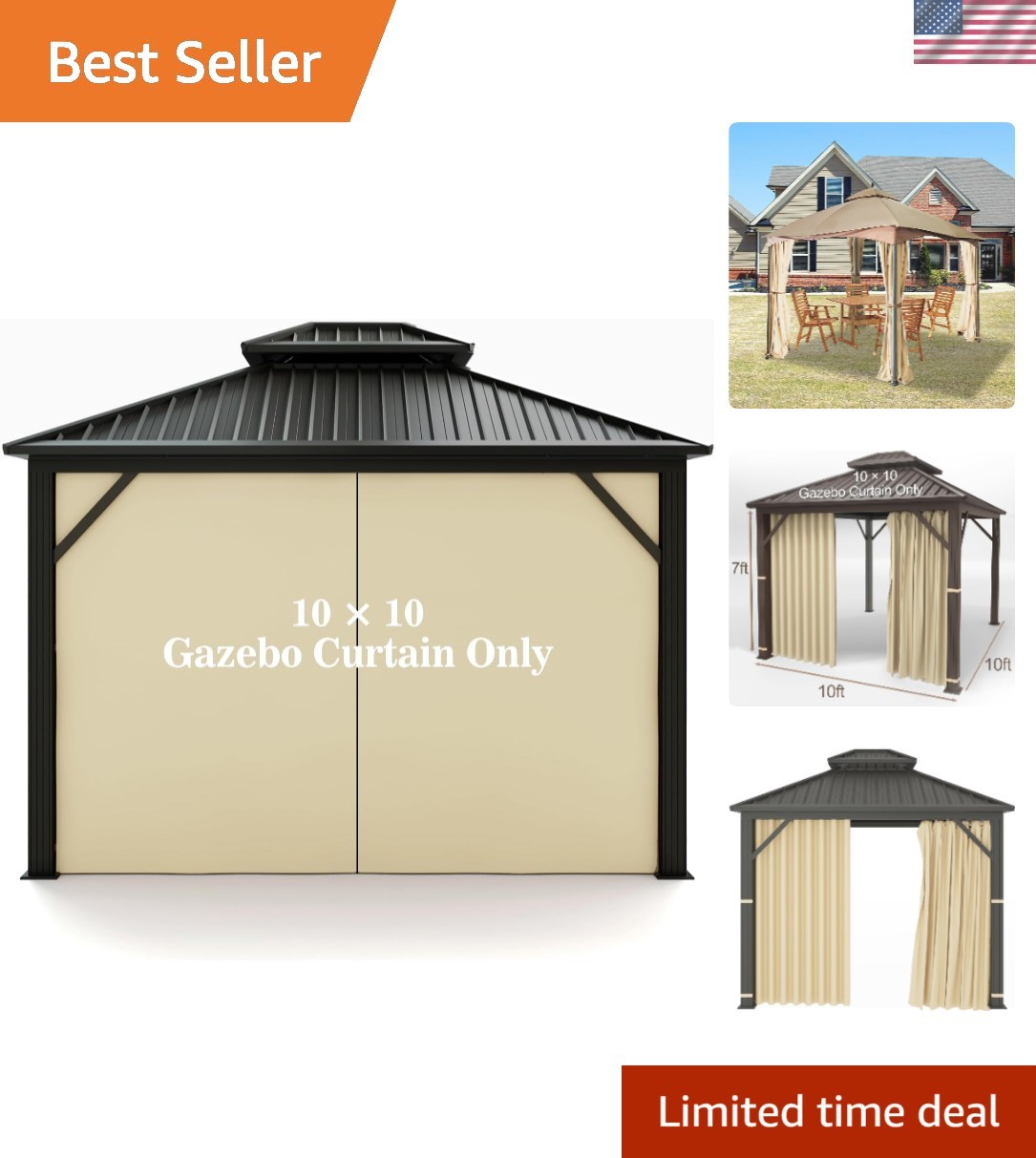 Durable 10′ x 10′ Water-Resistant Gazebo Privacy Curtain with Zipper – Beige