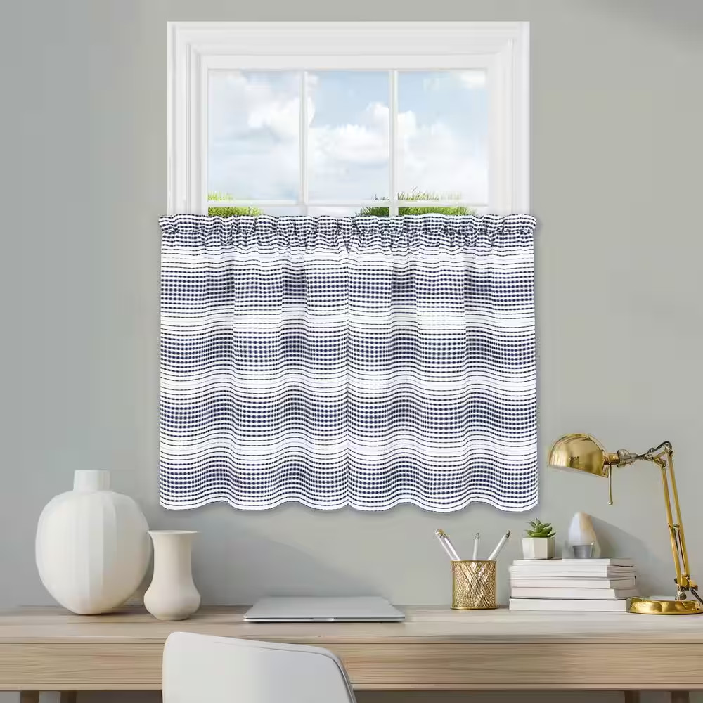 Gramercy Navy Polyester Gradient Stripe 58 In. W X 36 In. L Waffle Weave Indoor