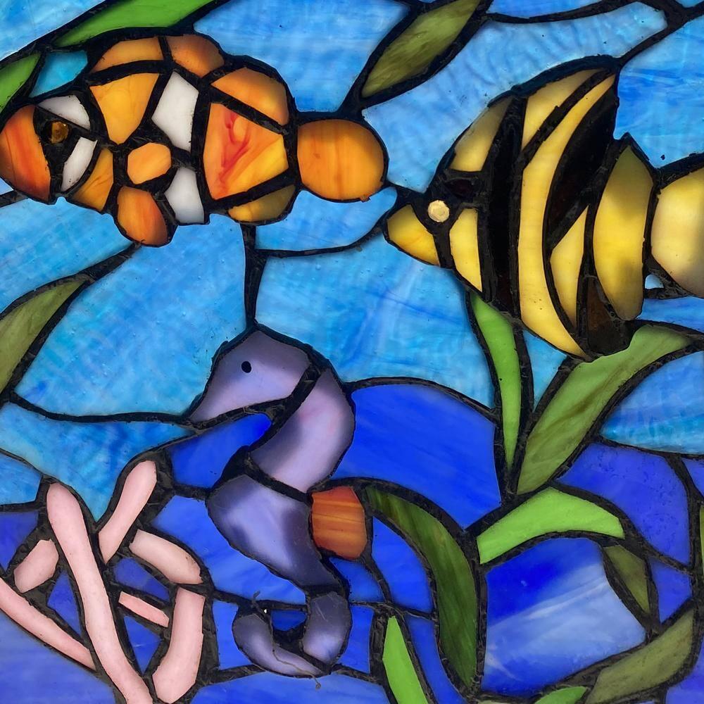 Stained Glass Window Panel Fish Underwater Ocean Scene Vertical Hanging Chain