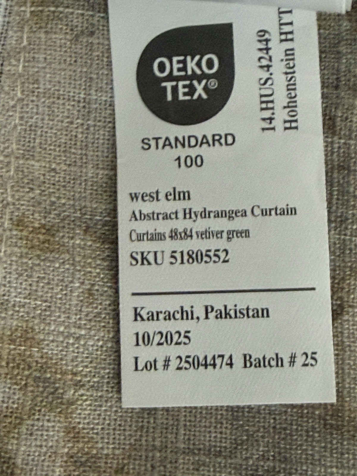 West Elm Abstract Hydrangea Curtain 48”x84” Unlined Vetiver Green Open Box !