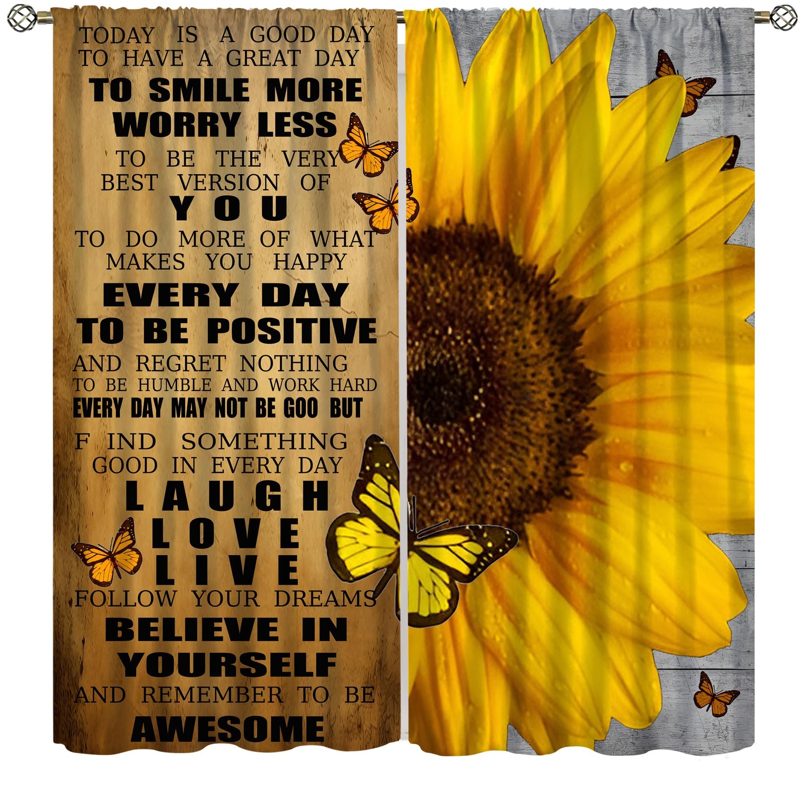 Retro Sunflower Curtains, Vintage Floral Inspirational Quotes Old Wooden Boar…