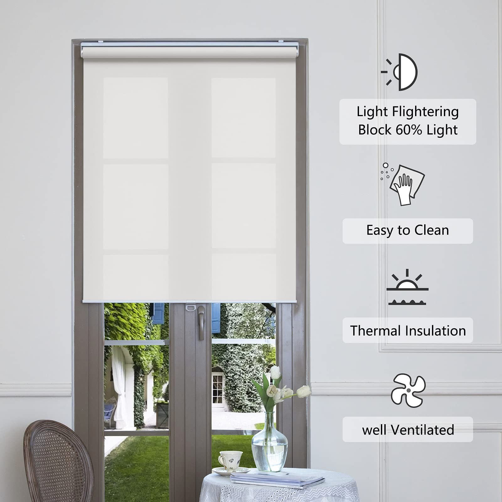 AOSKY Cordless Roller Shades for Windows Light Filtering 30″W x 72″H, White