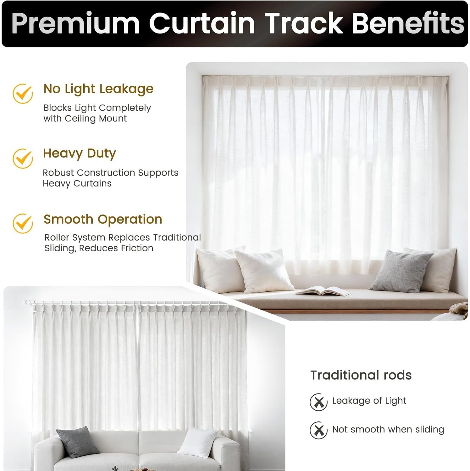 Aluminum 6 ft–9 ft Ceiling Curtain Track Set with 3 Types of Hooks, Adjustable C