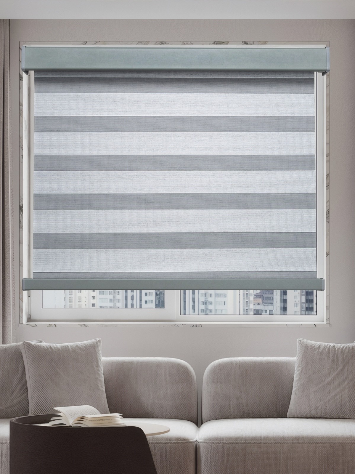 Cordless Zebra Blind Dual Layer Light Filtering Privacy Shades in Gray and Beige
