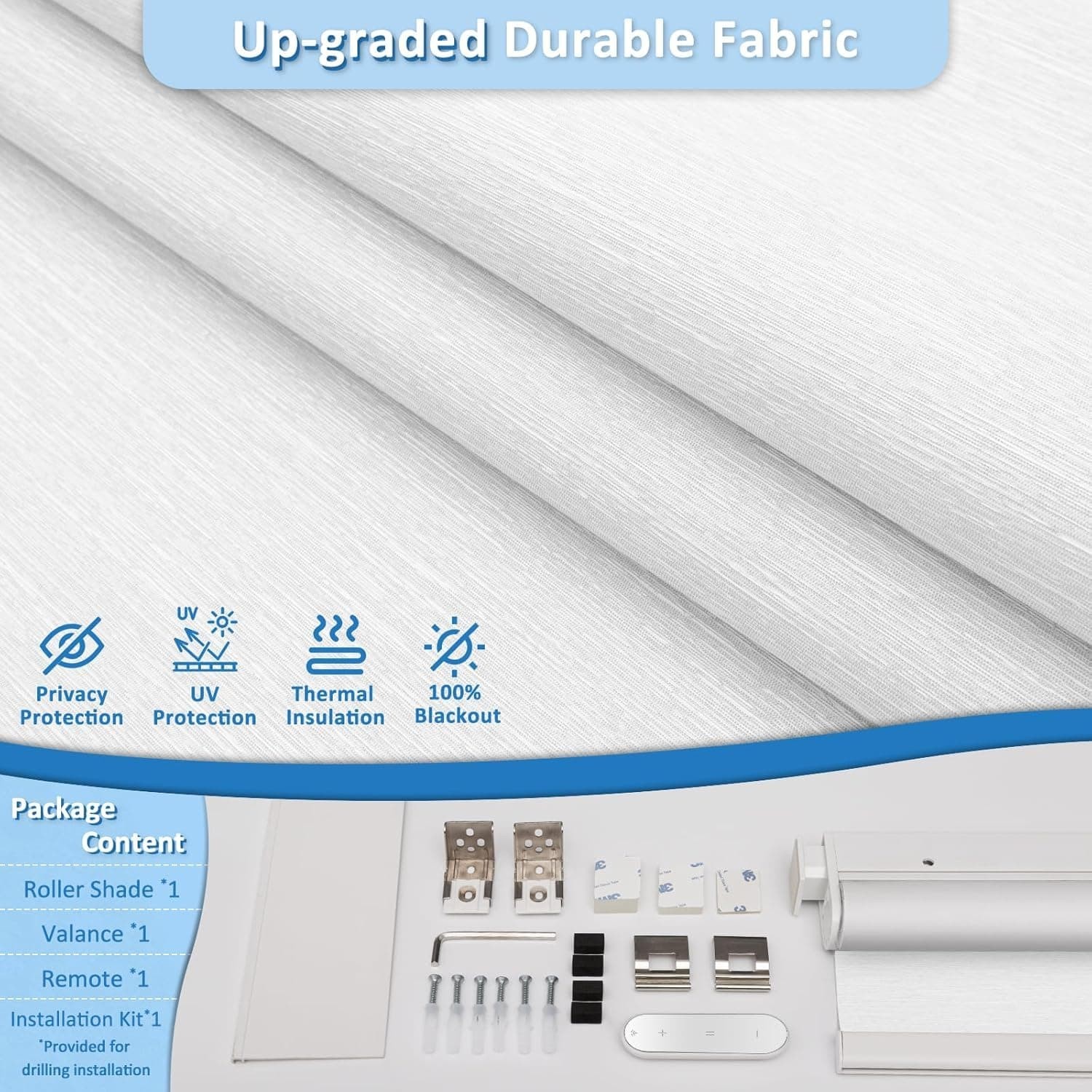Smart Motorized Blinds with Remote, Cordless No-Drill, White, 30.5″W x 72″H