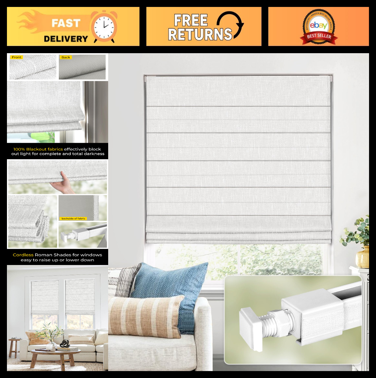 Cordless Roman Shades 35×64 in – Easy Install, No Tools, No Drill, White
