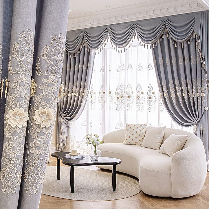 European luxury classical Embroidery valance grey Velvet curtain tulle M1857