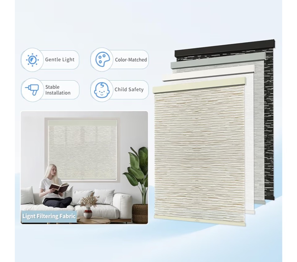 30″ W x 72″ H Cordless Light Filtering Roller Shade for Windows, Cream Color