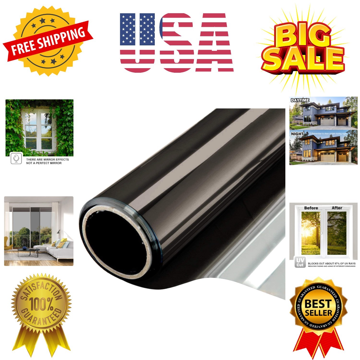Window Film One Way Mirror Tint Vinyl Daytime Privacy Static Non-Adhesive Dec…