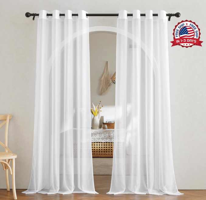 White Sheer Curtains 84″ Long 2 Panels Grommet Voile Drapes Bedroom Living Room