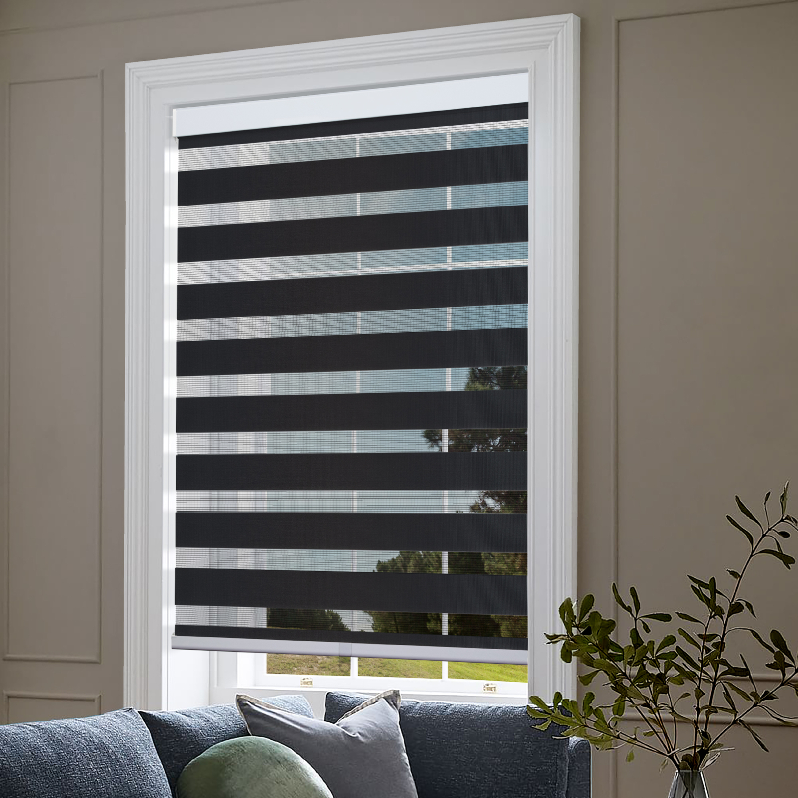 Cordless Zebra Roller Blinds Sheer Shades, Sheer or Privacy – Black, 30″W X 72″H