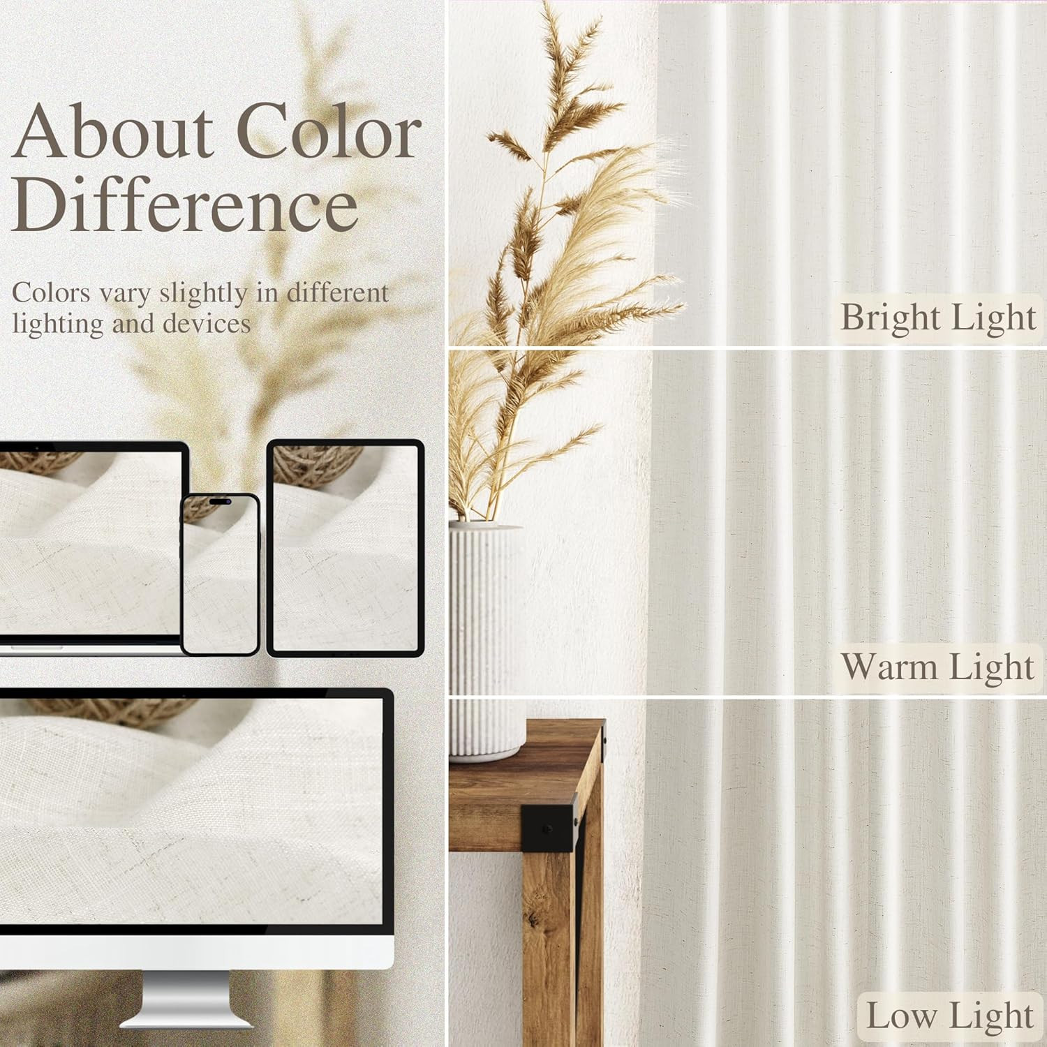 Cream Linen Back Tab Curtains 84 Inch Length for Living Room 2 Panel Set Neutral