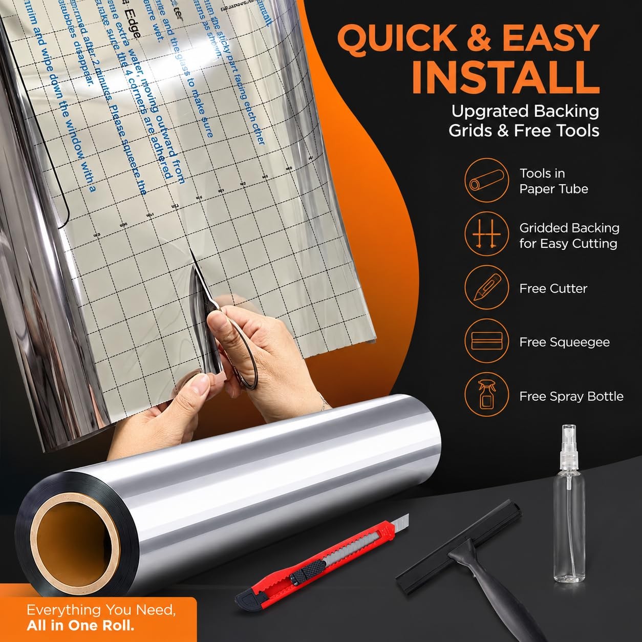 Upgraded One Way Window Privacy Film Sun 17.5 Inch * 78.74 Inch, Black Silver
