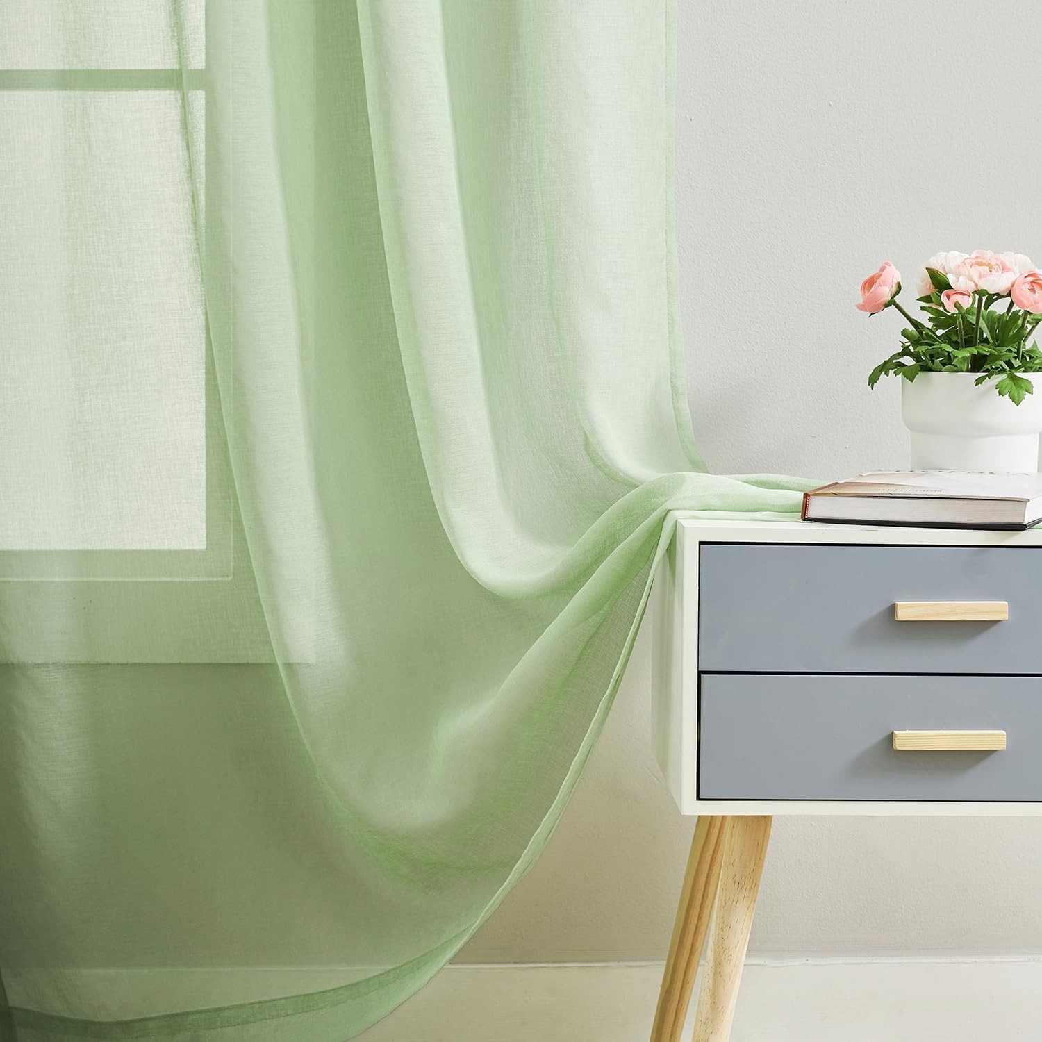Modern 84” Sage Green Sheer Curtains – Semi-Crinkle Voile, Ideal for Any Room