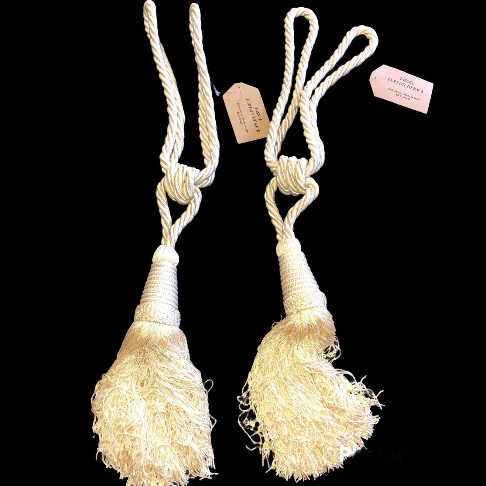 Heavy Tassel Curtain Drapes Tie Backs Set of 2 Ivory 7.5″ Tassels 100% Rayon NWT