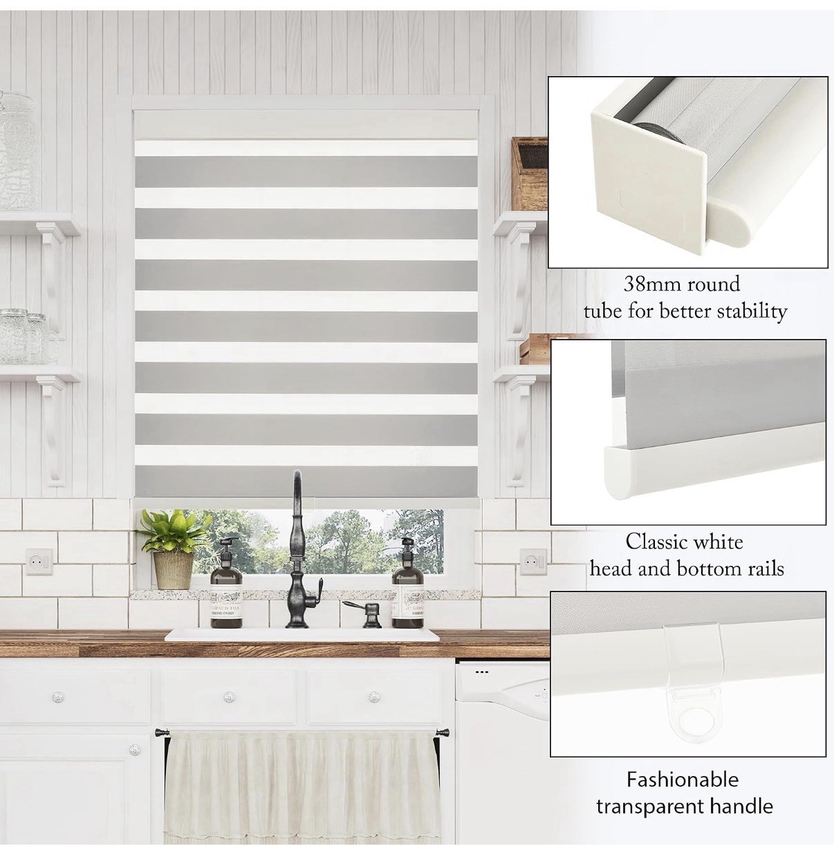 Cordless Zebra Blinds for Windows Layer Light Gray, 30 in (W) x 64 in (H))