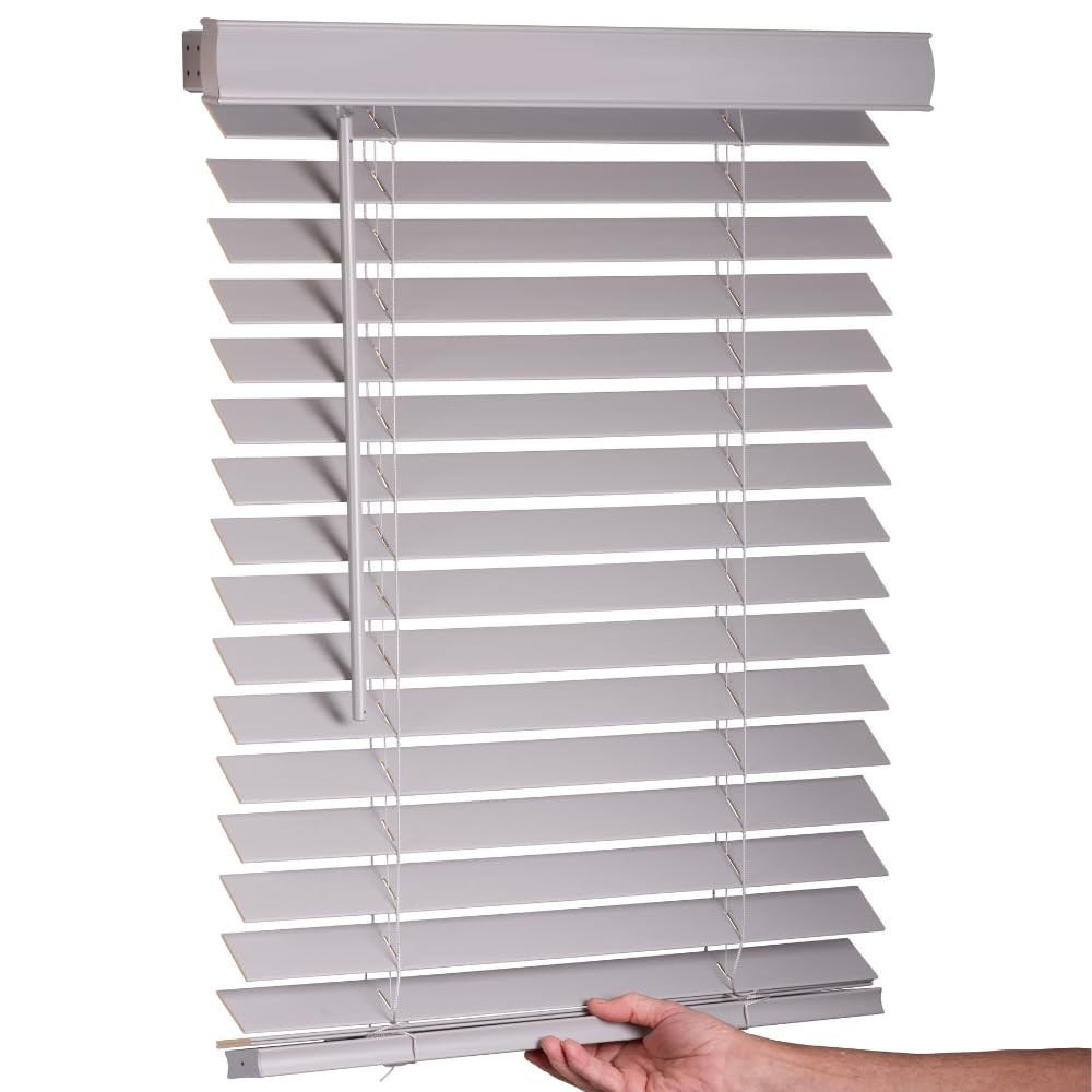 Cordless Faux Wood Blinds, 27″ Wide x 24″ Long,Smooth,Light Gray, 2 Inch Hori…