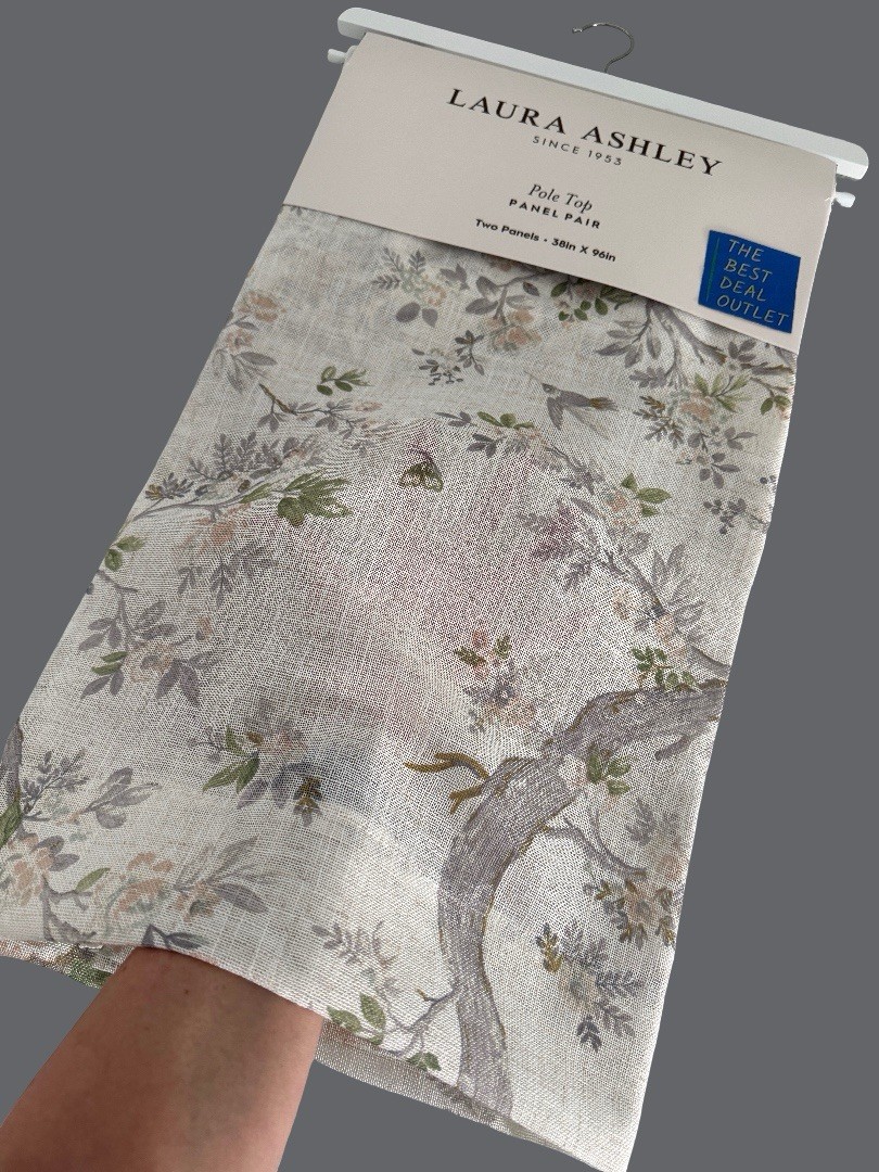Laura Ashley Window Curtains 2 Panels 38 x 96″ Linen Khaki Gray Cream Pole Top