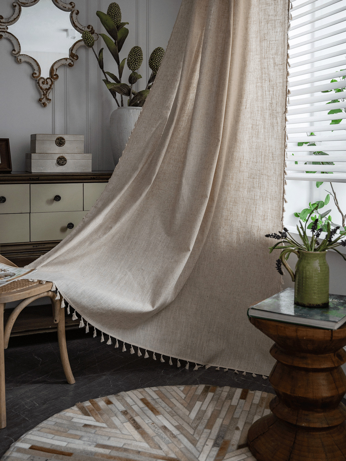 Boho Beige Curtains 94 In Long Bohemia Linen Curtains for Bedroom Living Room