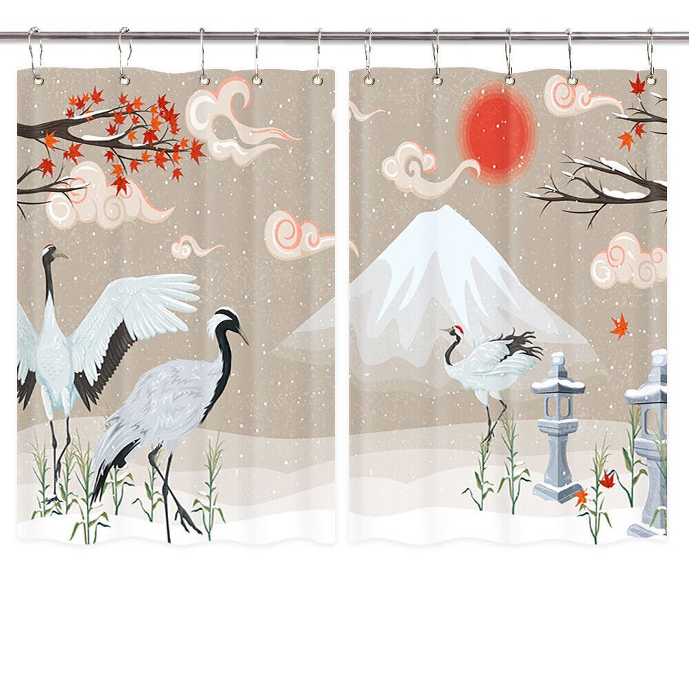 Crane Japanese Curtains Window Drapes 2 Panel Set with Hooks Waterproof Fabric