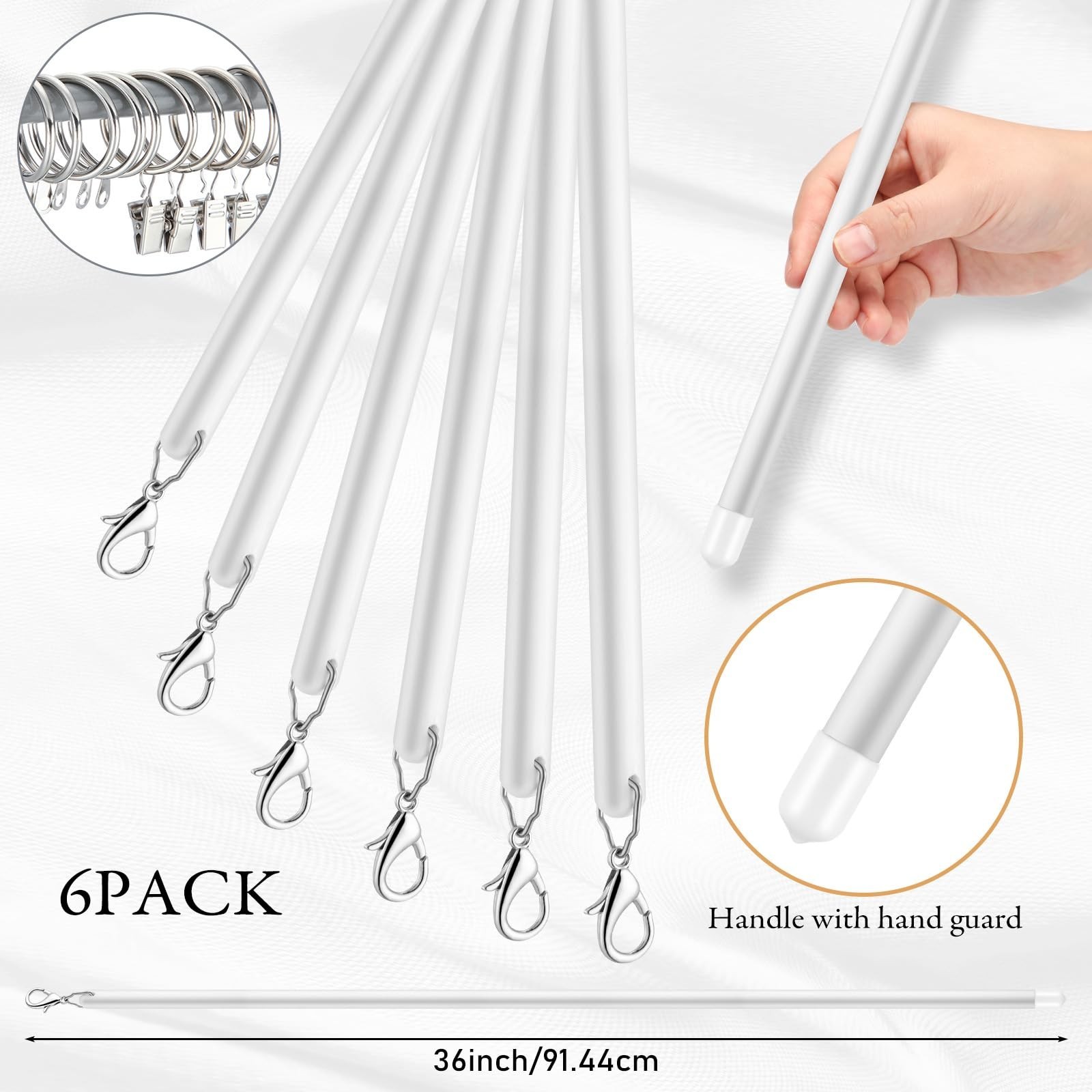 6 Pack Acrylic Curtain Pull Wands – 36″ Drapery Rods with Rings & Hooks for Home