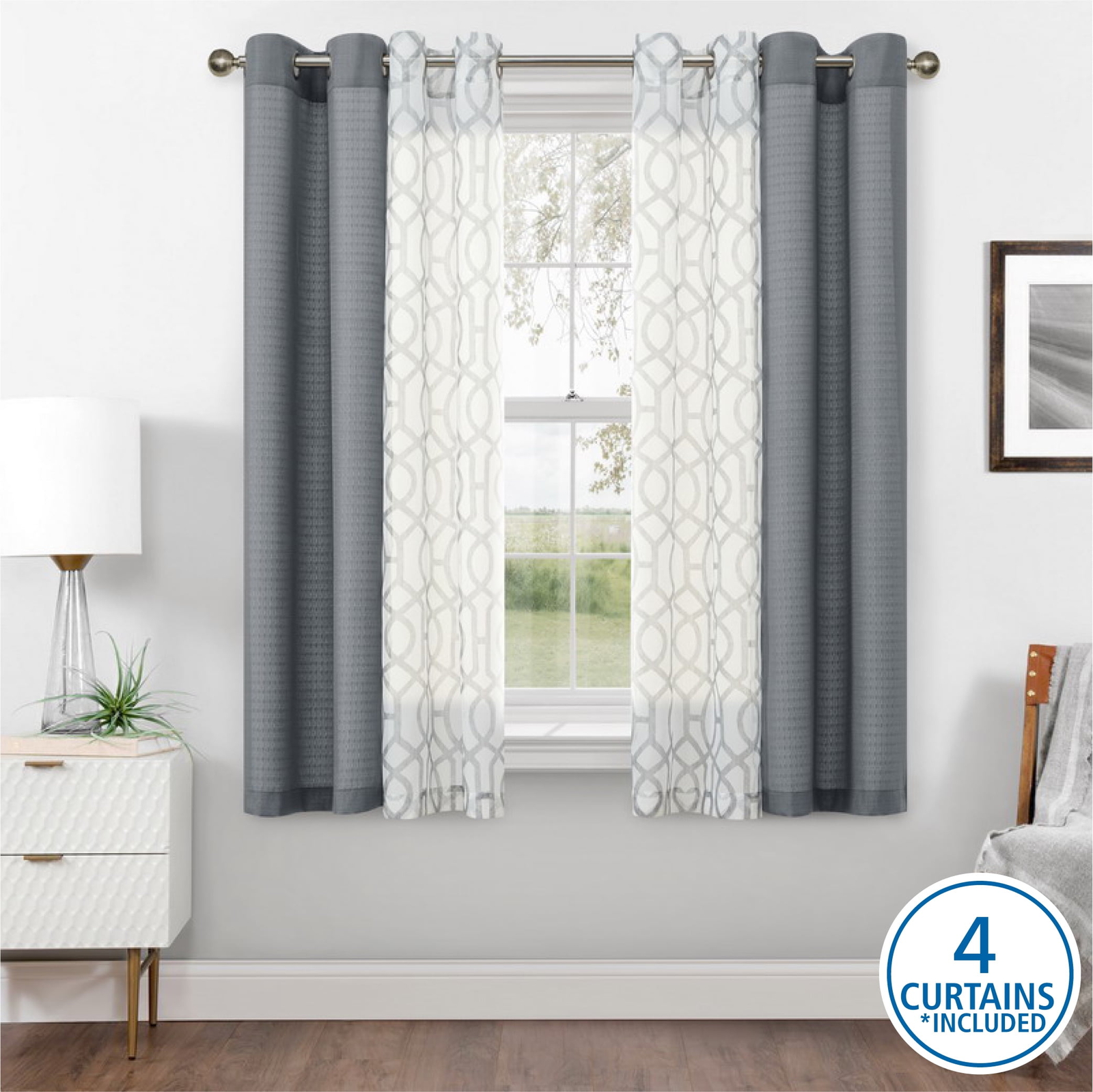 Kingswood Solid and Printed Sheer Grommet Curtain Panel Set, 4 Pc 27.5″ W x63″ L