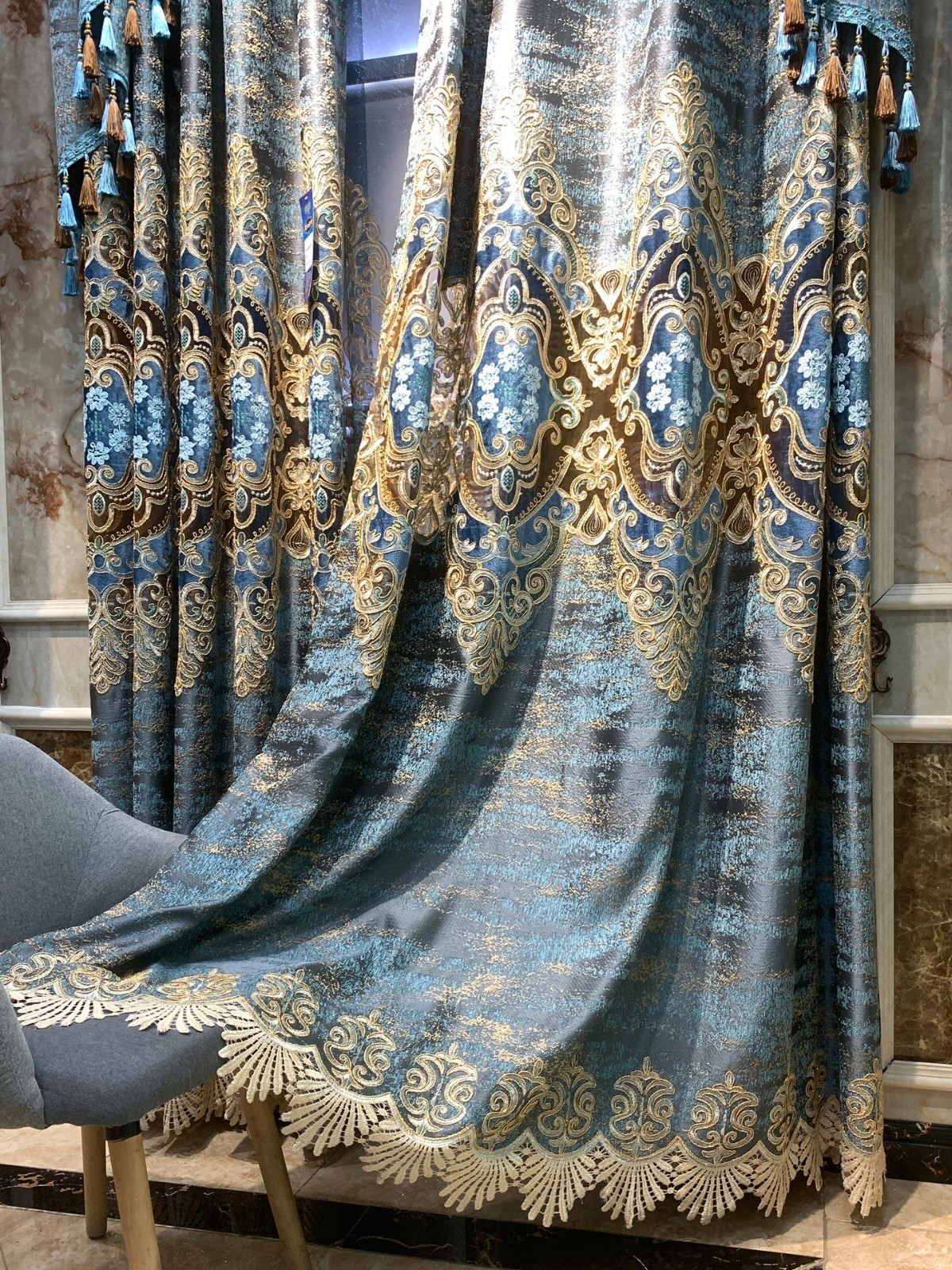embroidery bronzing flannel European blue cloth valance curtain tulle M1927
