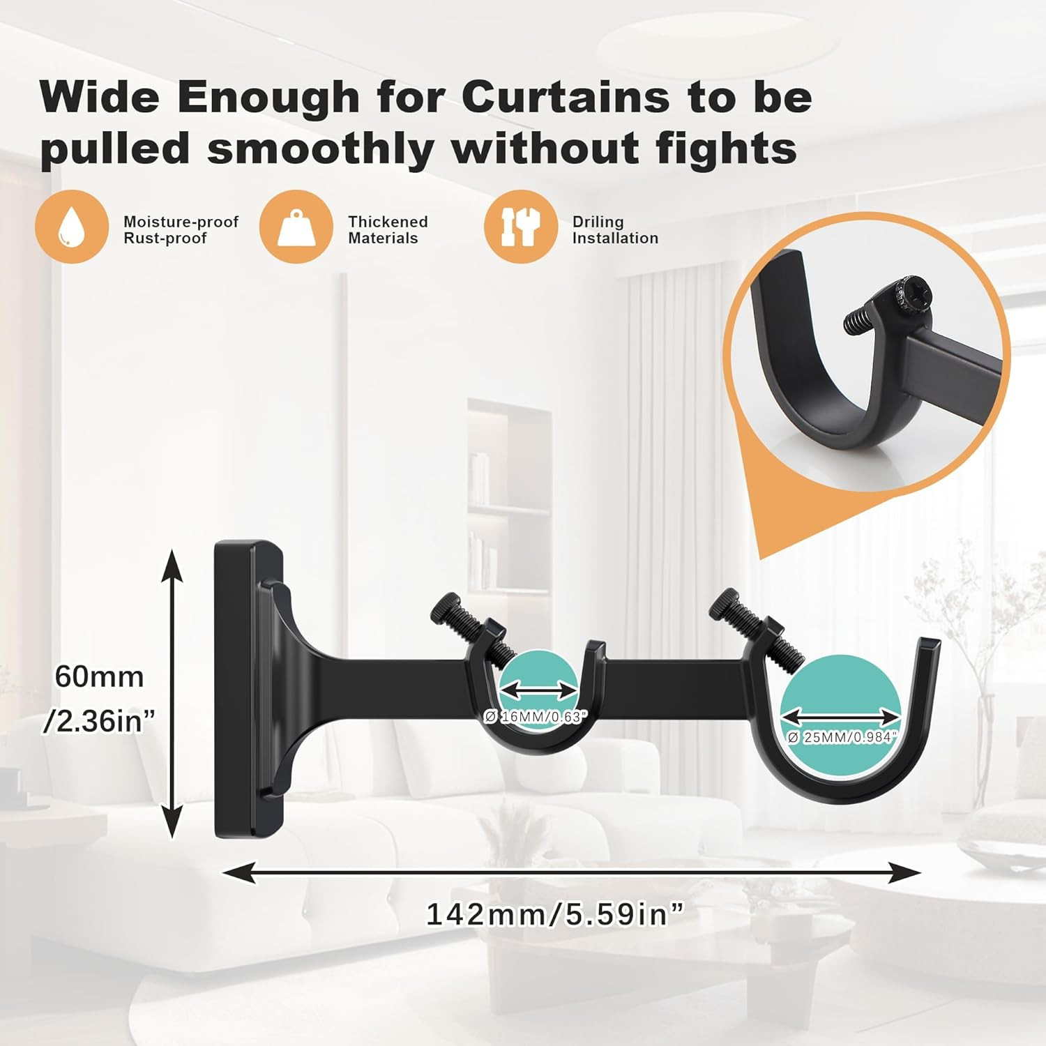 3PCS Double Curtain Rod Brackets Curtain Rod Hooks, Matte Black Heavy Duty