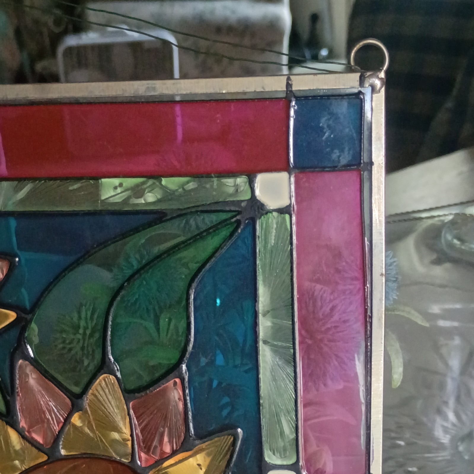 1970s Handmade Stained Glass Sunflower Floral Hanging Panel Multicolor