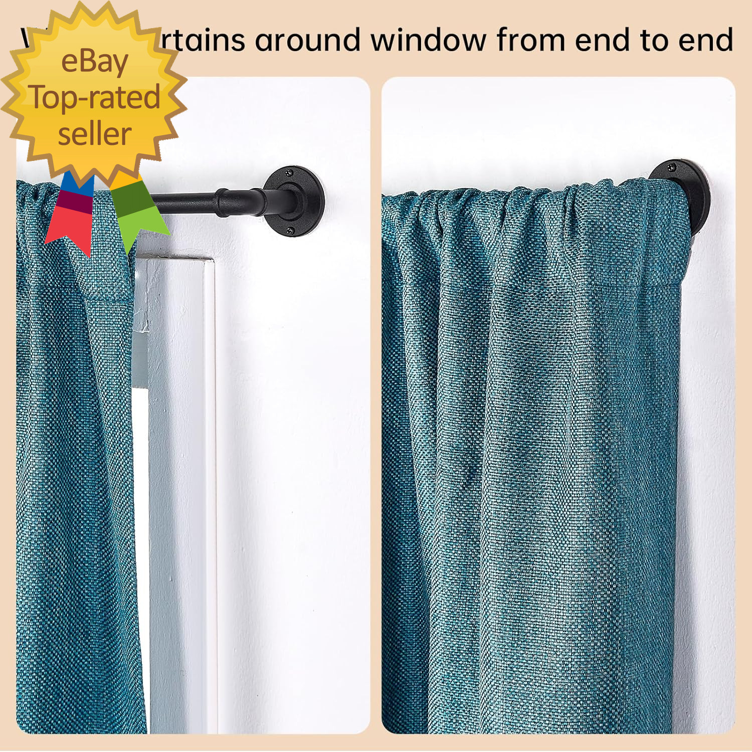 2 Pack Industrial Curtain Rods, 33 to 45 Inches, 5/8 Inch Diameter, Black | for