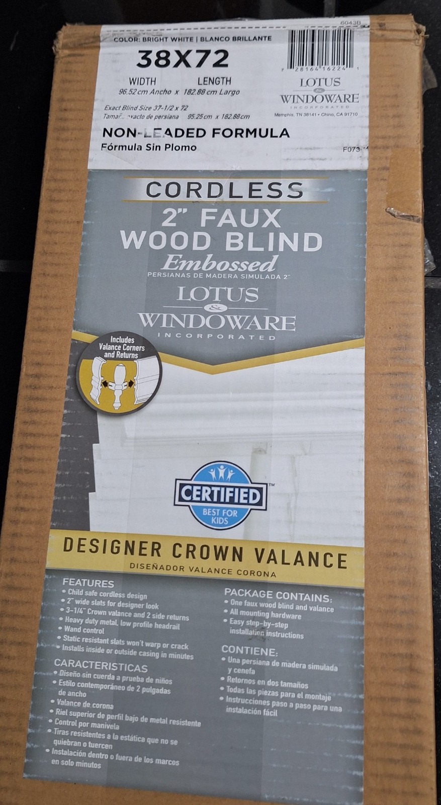 Lotus & Windoware 2-in Cordless Faux Wood Embossed Blind White 38in x 72in