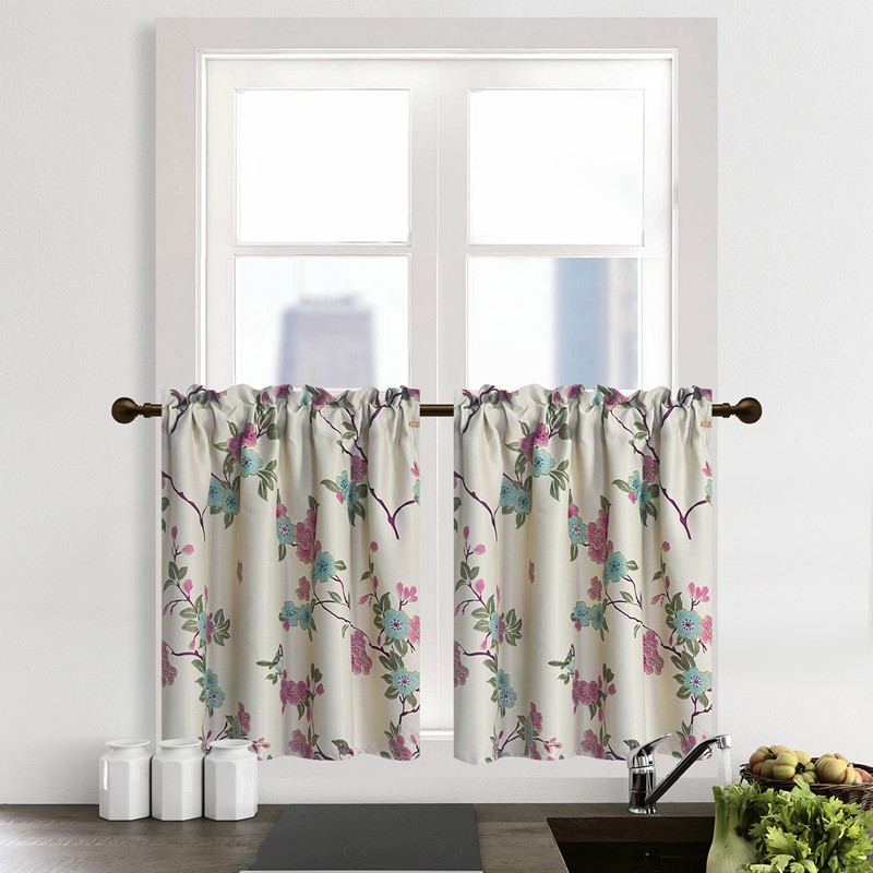 2 Panels Floral Bird Room Darkening Kitchen Curtains, Rod Pocket Cafe Curtains