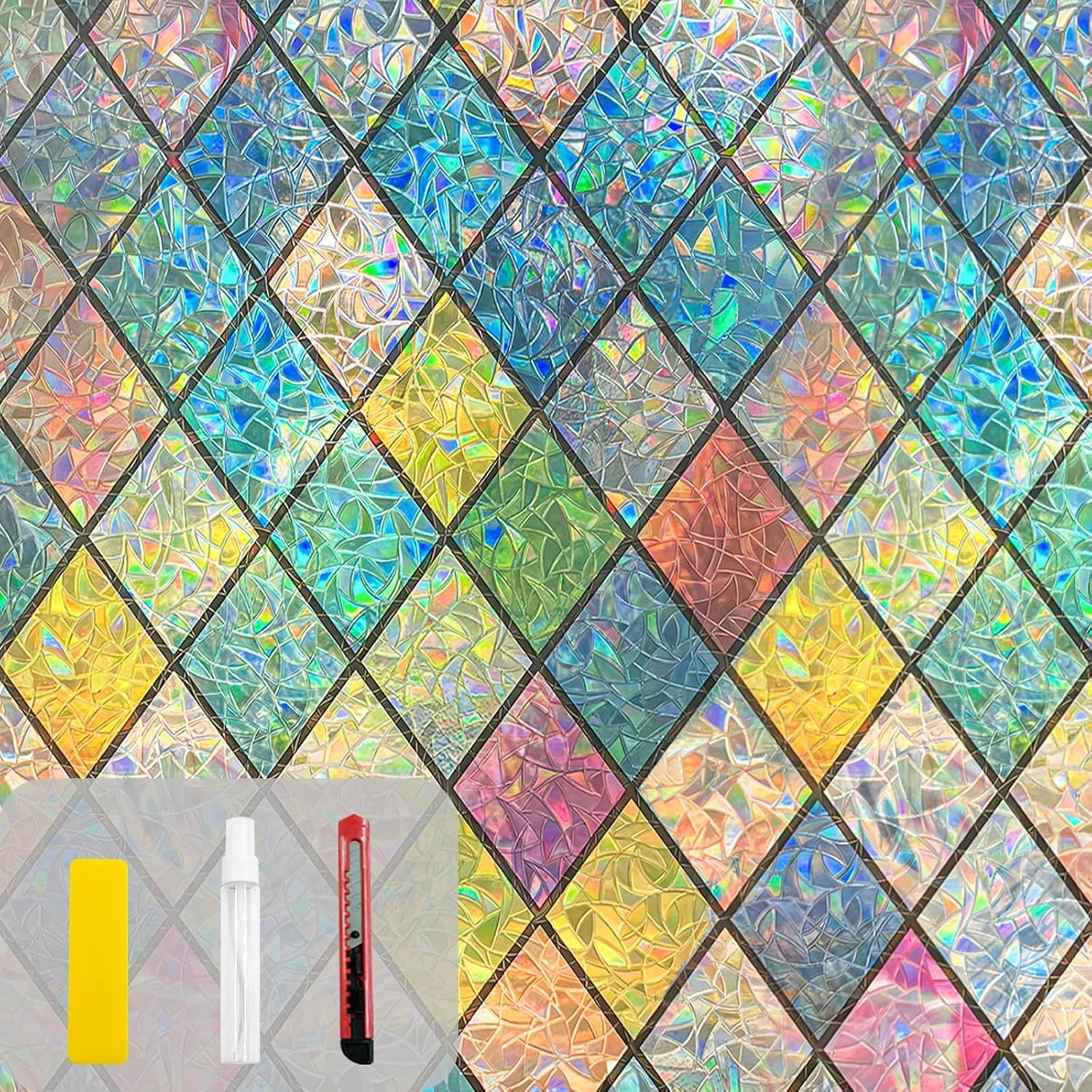 Window Privacy Film Stained Glass,Rainbow Window Film Decorative Peel and Stick