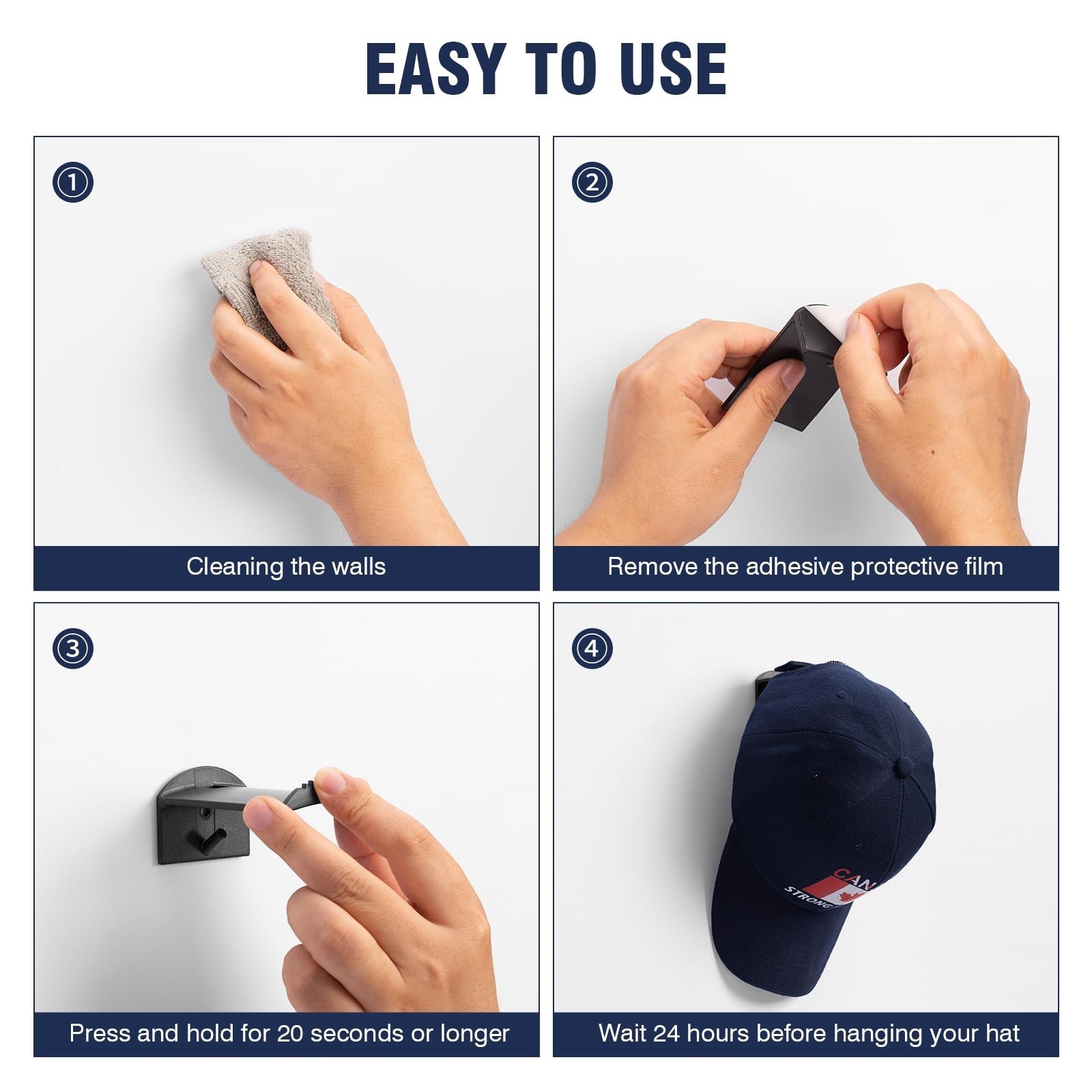 3.0 Inch Wall Hat Hooks (8 Pack) – Strong Adhesive Cowboy Hat Rack with An