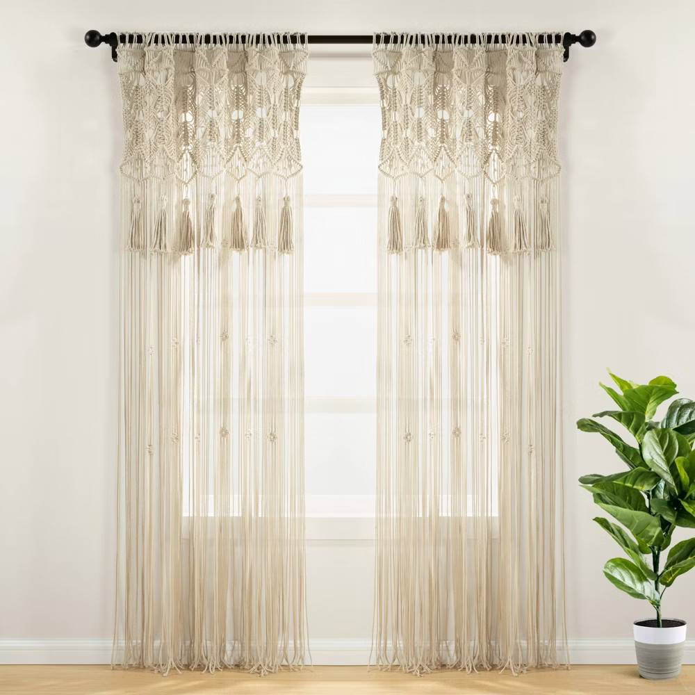 1pc 40″x84″ Light Filtering Boho Macrame Tassel Curtain Panel Tan – Lush