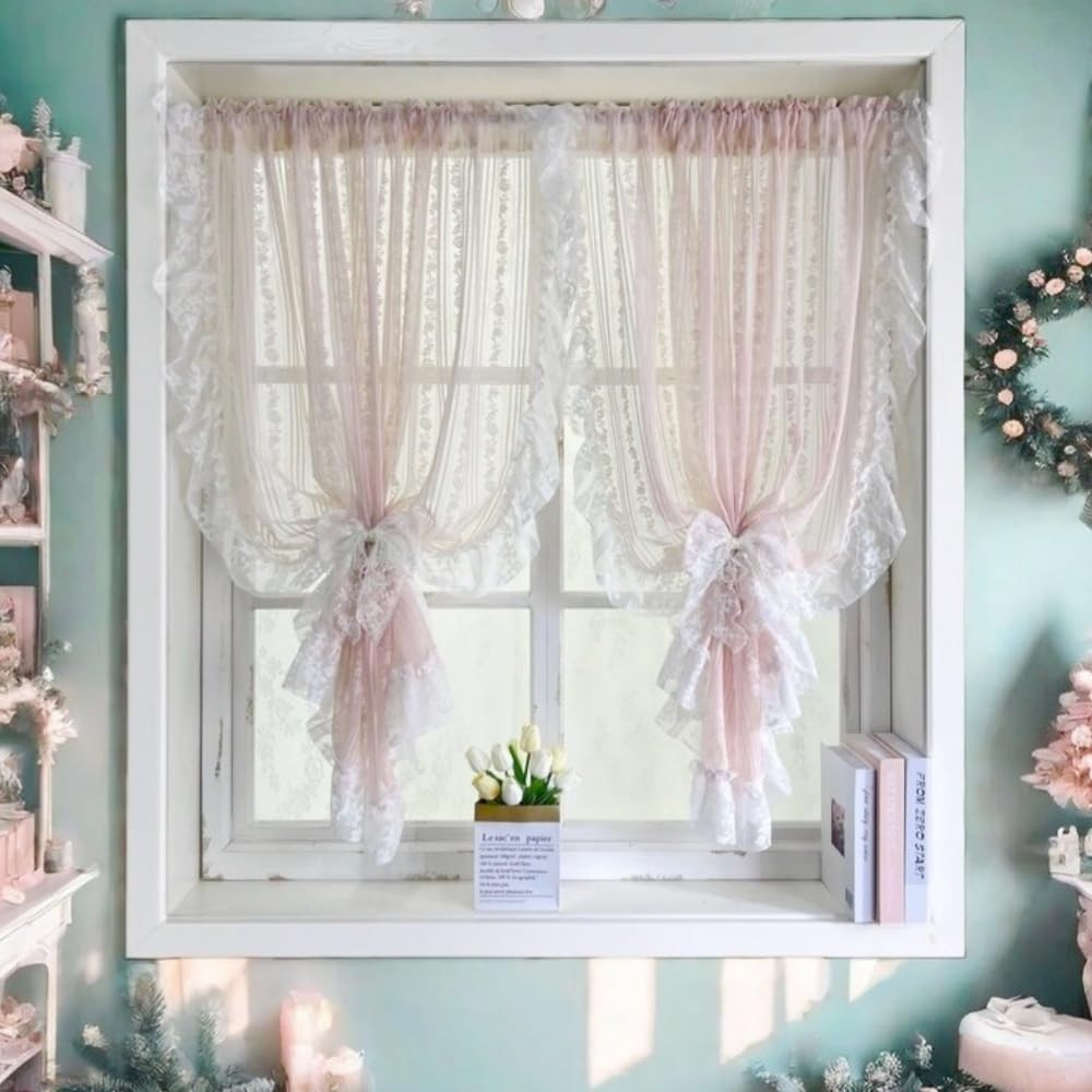Style Pink Floral Embroidery Sheer Lace Curtain with Ruffle Trim Coquette Gauze