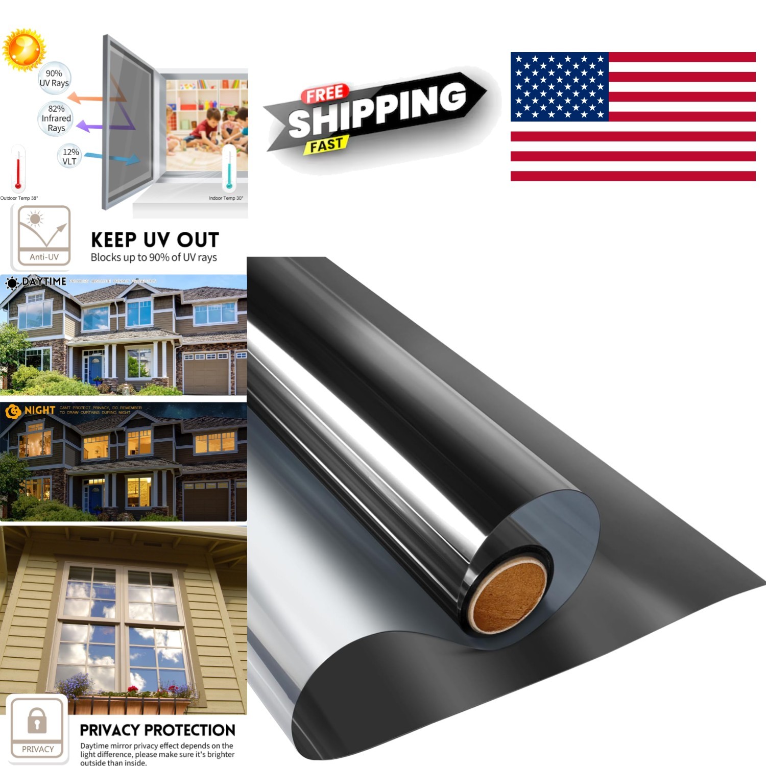 Anti UV Window Film Reflective Privacy Tint for Home 35.4 Inch X 6.5 Feet