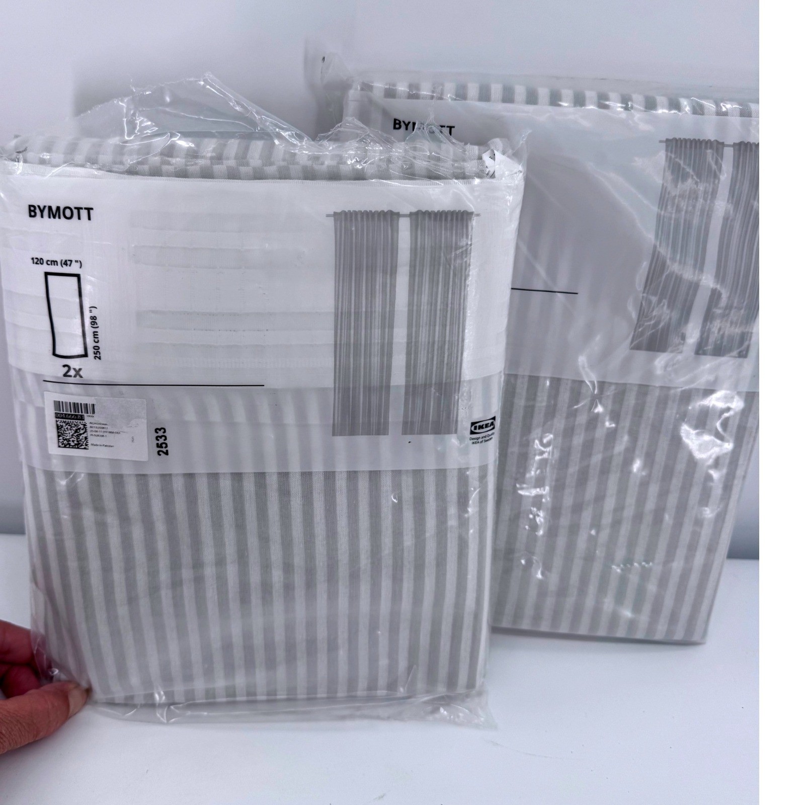 IKEA BYMOTT Curtain Set of 2 47×98 White Grey Striped Panels 4 Panels New