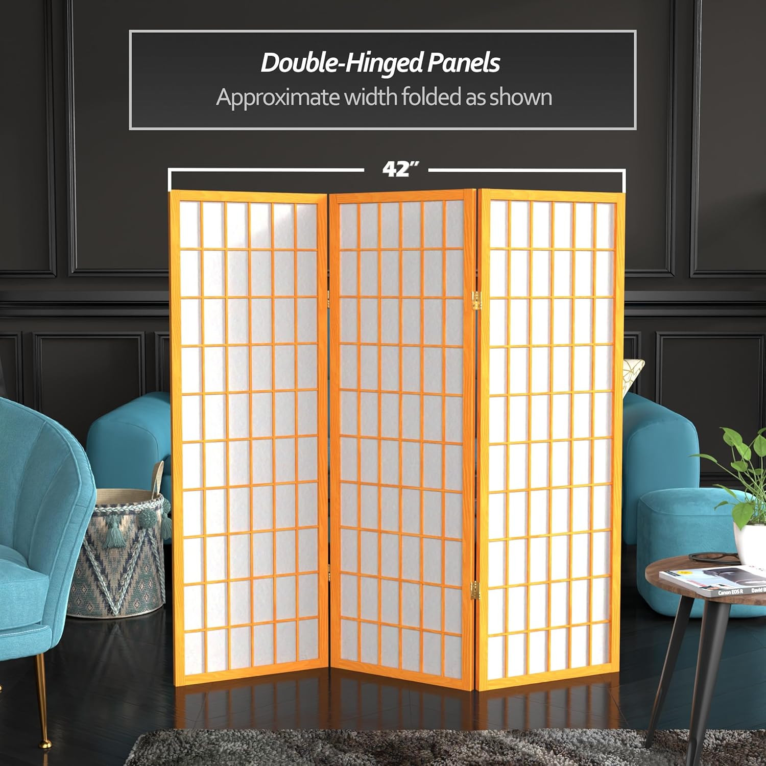 4 Ft Honey Shoji Screen – 3 Panel Short Window Pane Divider