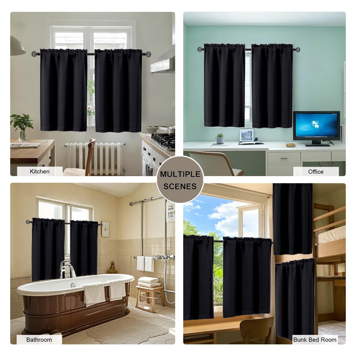 24 Inch Long Tier Curtains for Small Window, 30″W x 24″L (Pack of 2) Blac