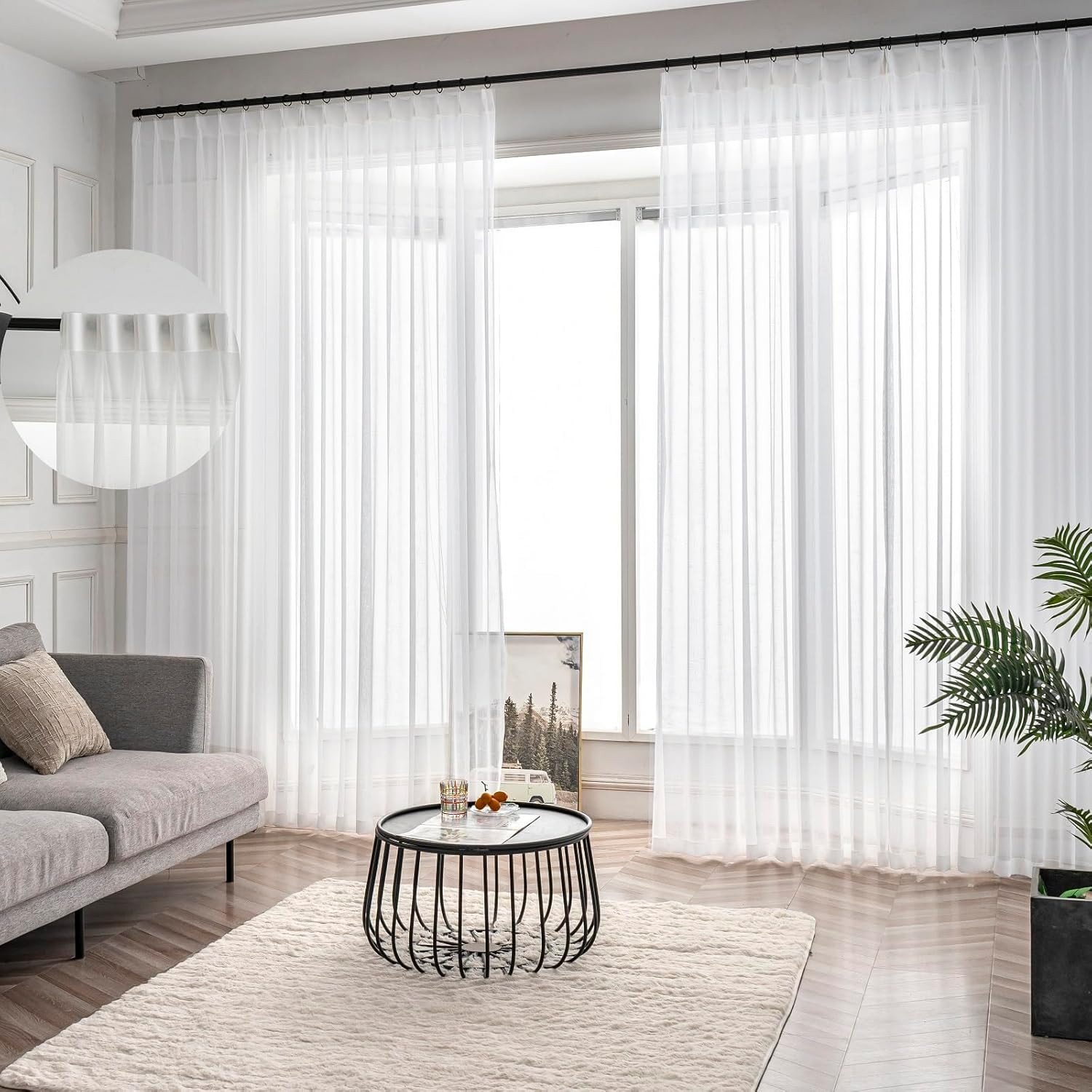 Ivory Pinch Pleated Sheer Curtains 96″ Long, 2 Panels with Rings & Hooks