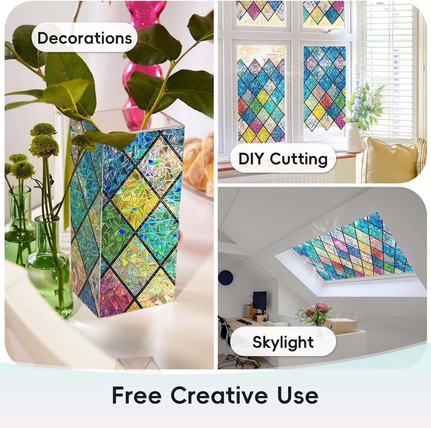 Stained Glass Window Film – Rainbow Diamond Grid, 11.8×39.3 Inch Privacy Decor