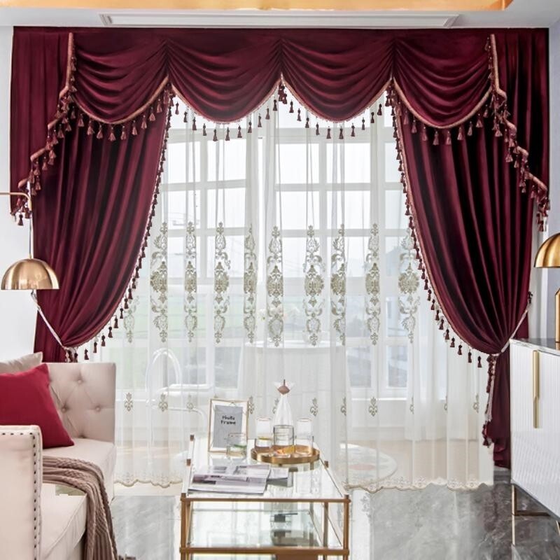 Custom vintage villa luxury wine red cloth blackout curtain valance drape C2133