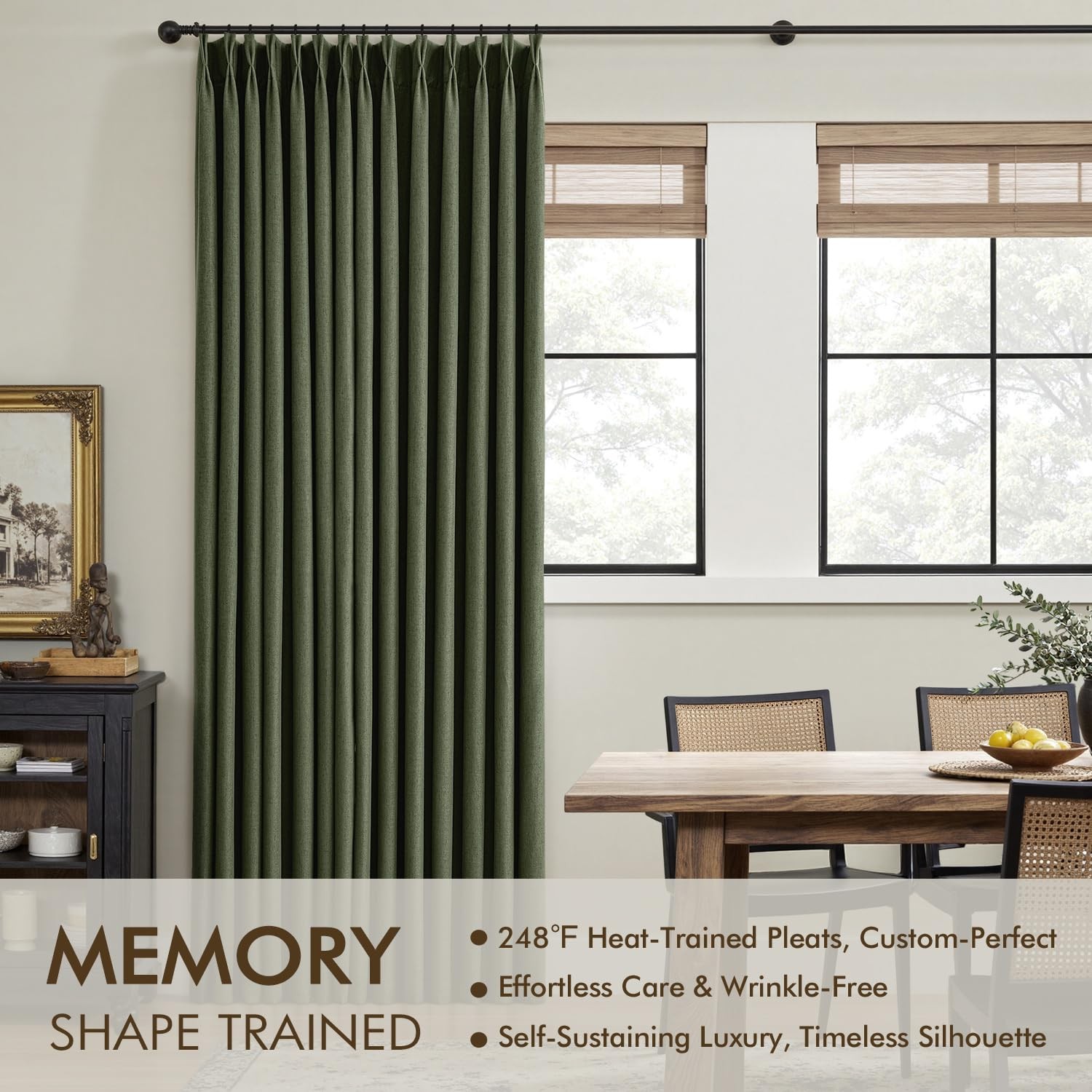 Olive Green Pinch Pleated 100% Blackout Linen Curtains for Bedroom, Room Dark…