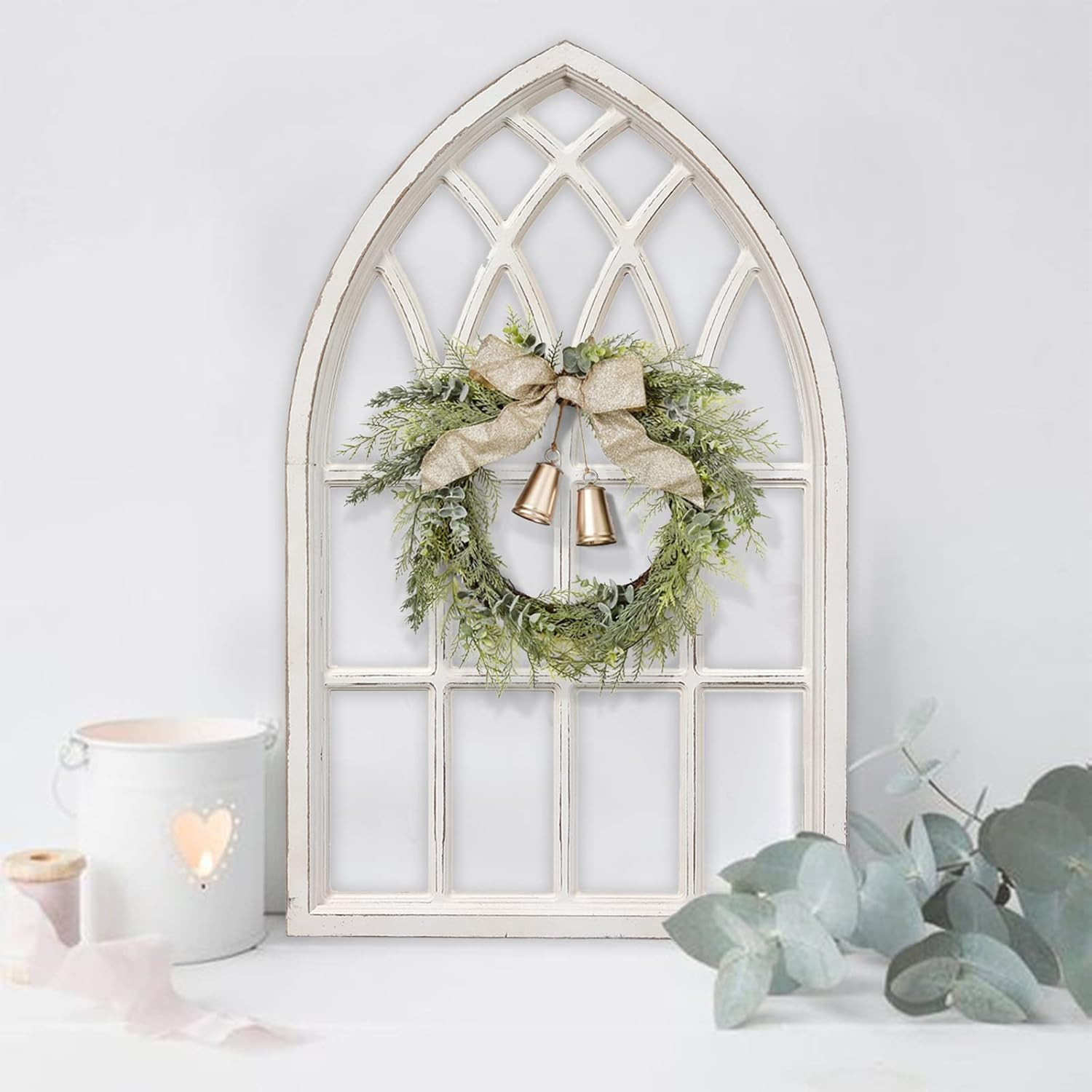 Distressed White Rustic Arched Window Frame 20×32 Inch Farmhouse Decor